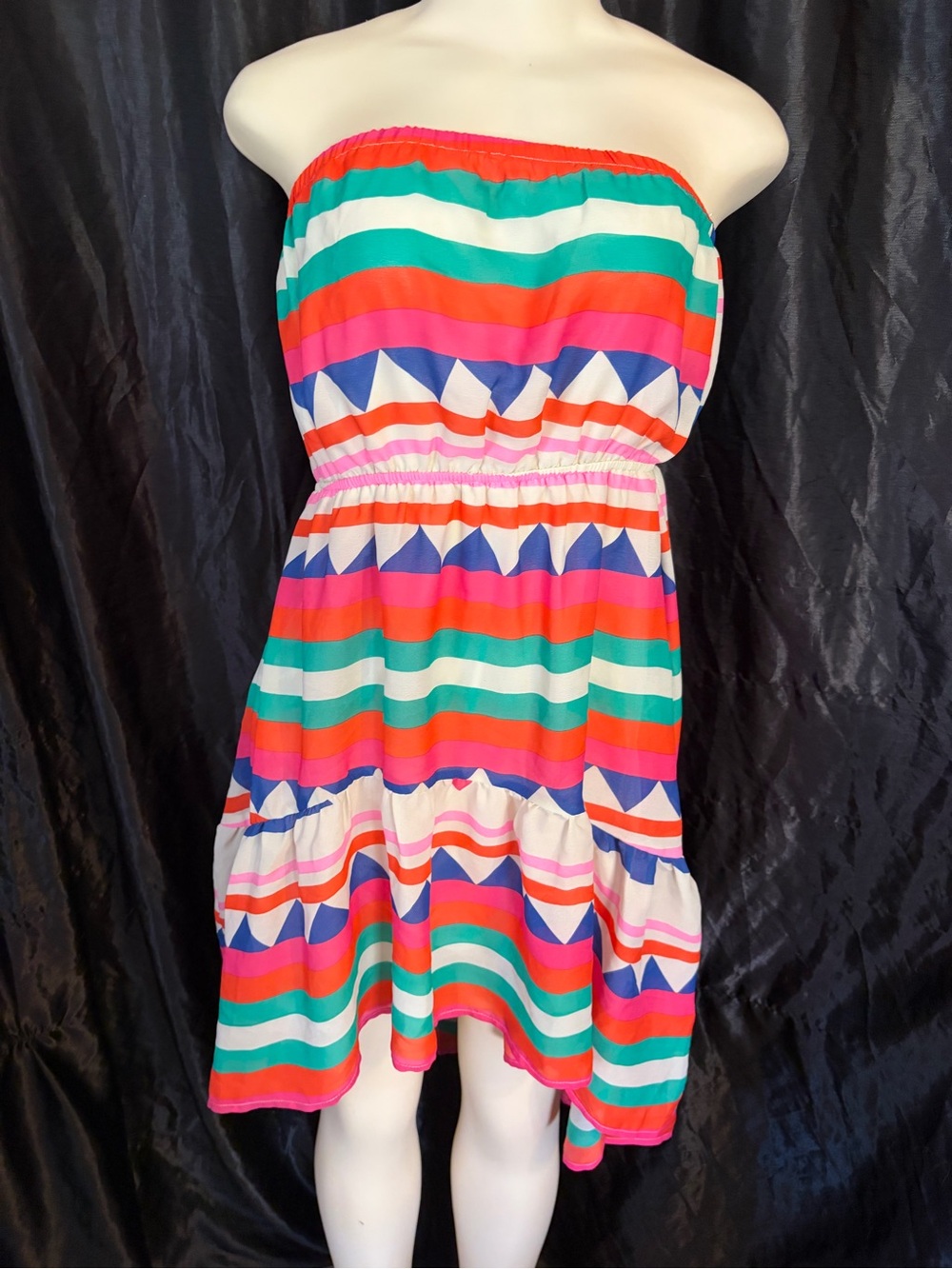 Cals Strapless Multicolor Stripe Dress in Teal, Pink & Orange